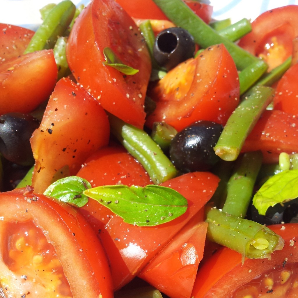 Green bean, tomato, basil & black olive salad Entering Vegan Territory